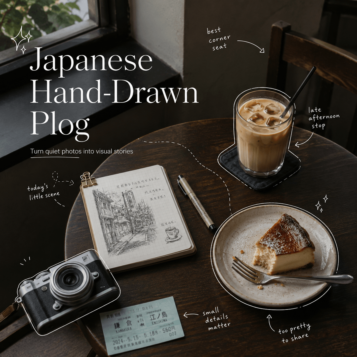 Japanese Hand-Drawn Plog cover featuring an iced coffee, cheesecake, camera, notebook, and white handwritten doodles on a café table.