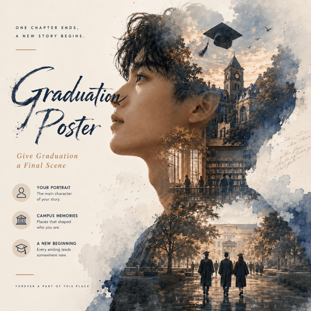 AI Graduation Poster featuring a side-profile graduate blended with campus buildings, a library, a graduation cap, and students walking through a sunlit university scene.