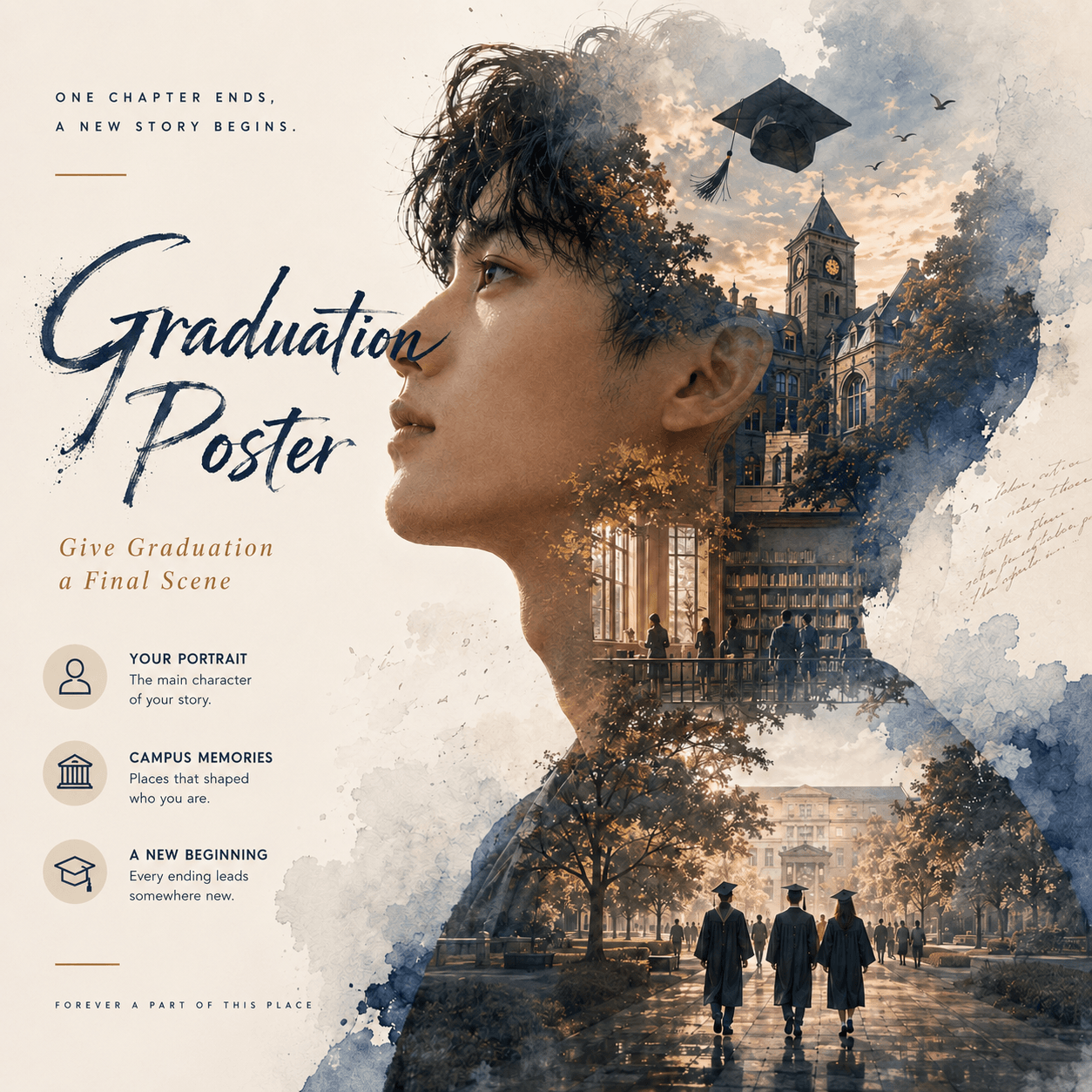 AI Graduation Poster featuring a side-profile graduate blended with campus buildings, a library, a graduation cap, and students walking through a sunlit university scene.