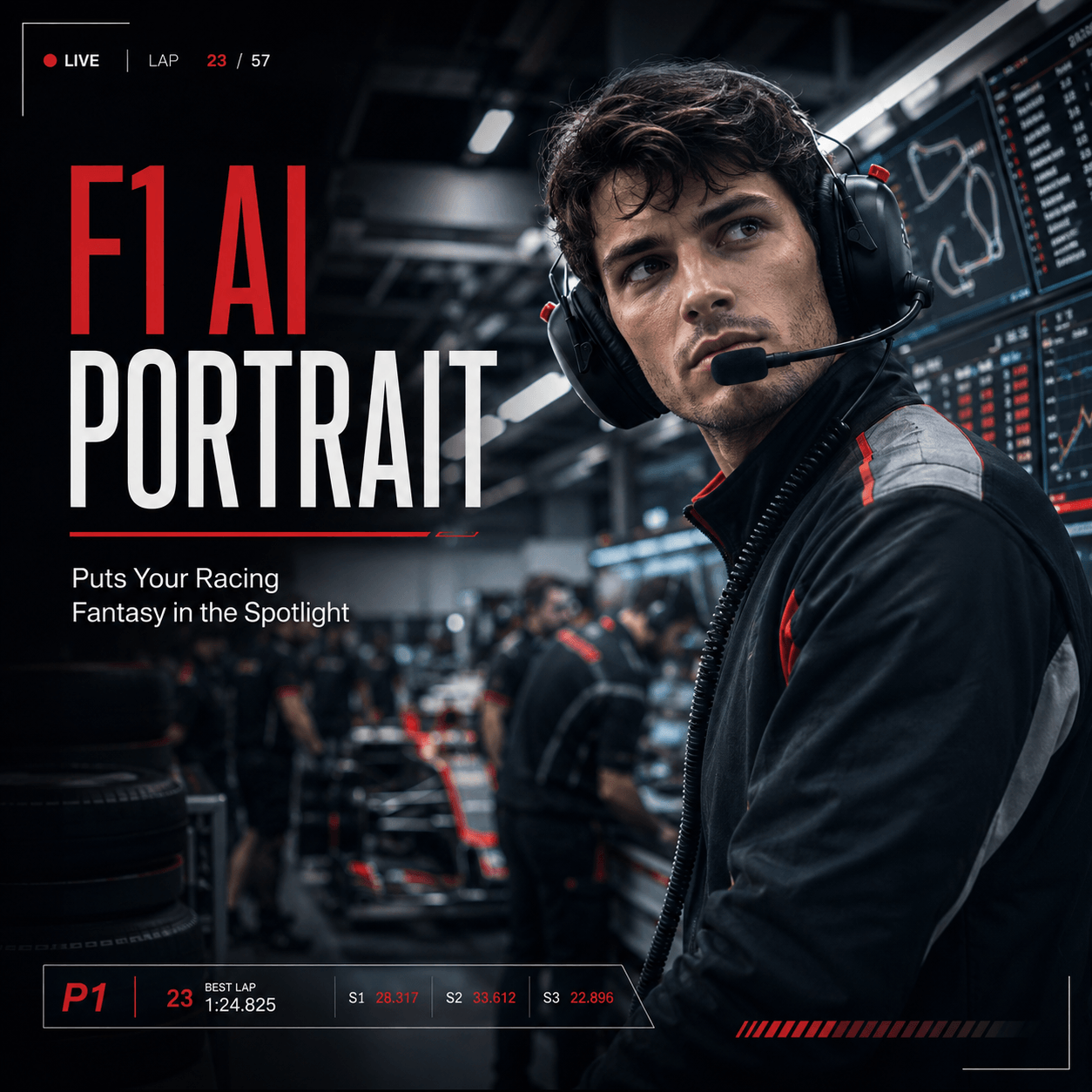F1 AI Portrait featuring a focused race engineer wearing a headset inside a busy pit garage with timing screens, mechanics, and live broadcast graphics.