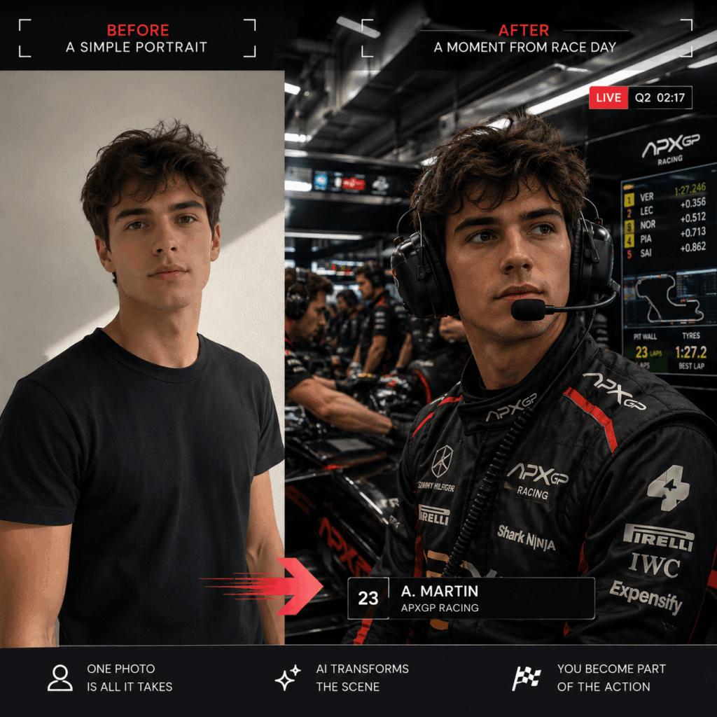 ChatGPT Image 2026年8月5日 02_17_06 1 – WeShop AI Blog F1 AI Portrait before-and-after comparison showing a simple male portrait transformed into a realistic race-day pit garage scene with a headset, team uniform, mechanics, and timing screens.