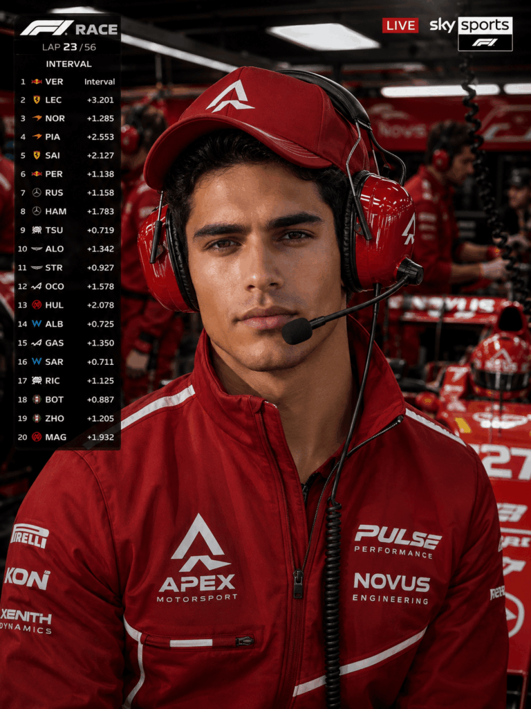 ChatGPT Image 2026年8月5日 02_36_43 1 – WeShop AI Blog F1 AI Portrait of a dark-haired man wearing a red motorsport uniform, cap, and headset inside a realistic racing garage.
