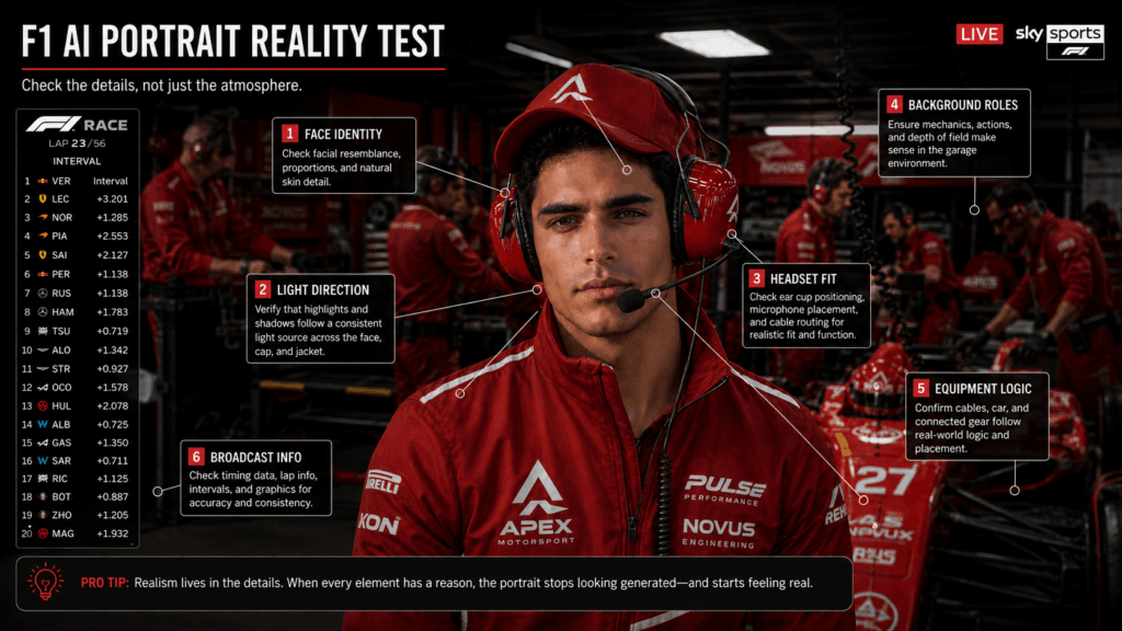 ChatGPT Image 2026年8月5日 02_46_12 1 – WeShop AI Blog F1 AI Portrait reality test showing a race engineer in a pit garage with callouts for face identity, lighting, headset fit, background roles, equipment logic, and broadcast information.list