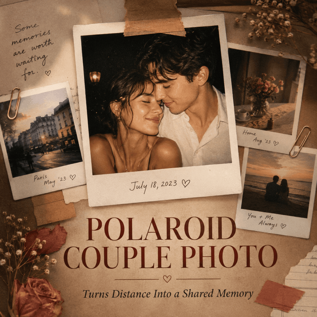 ChatGPT Image 2026年8月5日 22_19_09 1 – WeShop AI Blog Warm Polaroid Couple Photo cover featuring a smiling couple surrounded by vintage instant photos, handwritten notes, dried flowers, paper clips, and scrapbook textures.