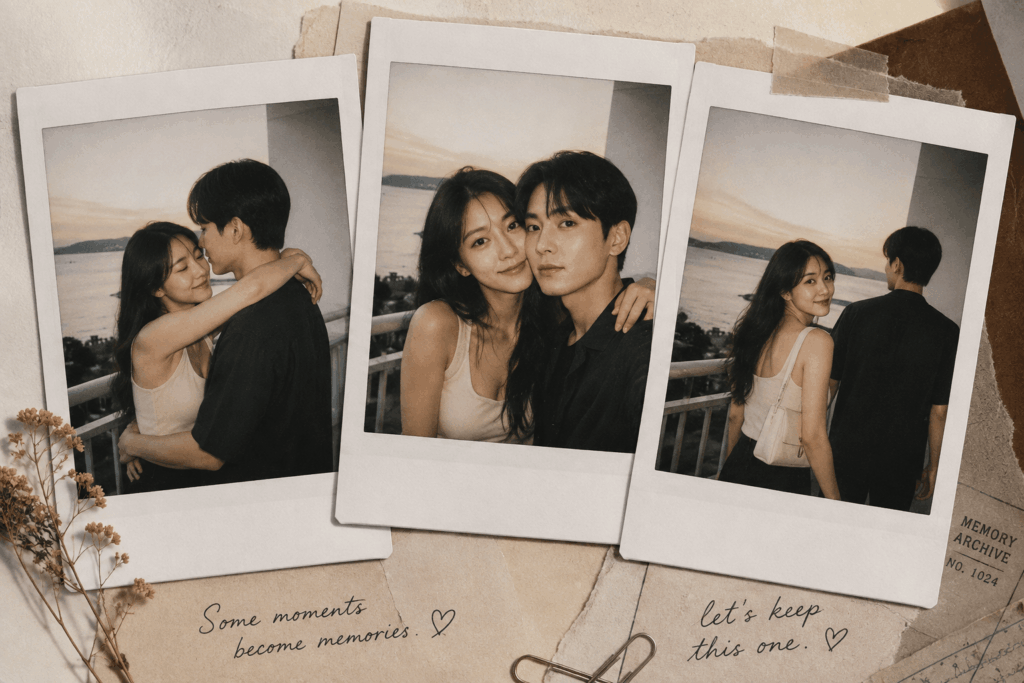 ChatGPT Image 2026年8月5日 22_52_51 1 – WeShop AI Blog Three overlapping Polaroid photos show the same couple hugging, posing cheek to cheek, and walking away together beside the sea in a warm vintage scrapbook layout.