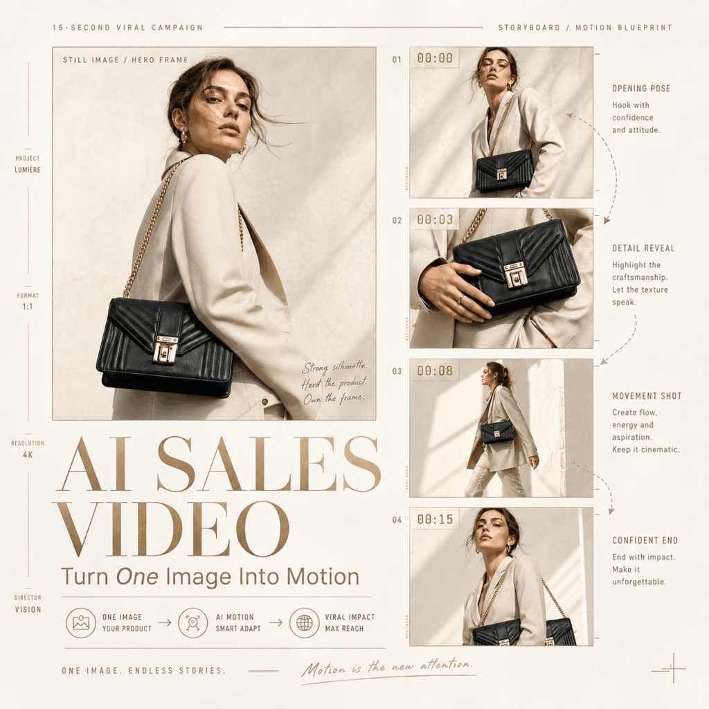 AI Sales Video cover featuring a fashion model with a black handbag beside a four-frame motion storyboard in an elegant cream editorial layout.