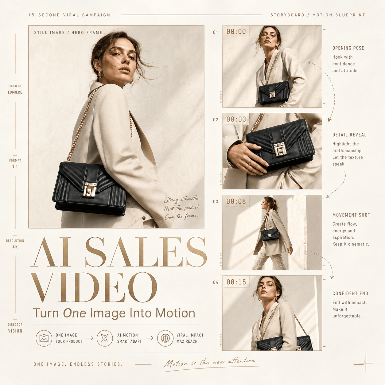 AI Sales Video cover featuring a fashion model with a black handbag beside a four-frame motion storyboard in an elegant cream editorial layout.