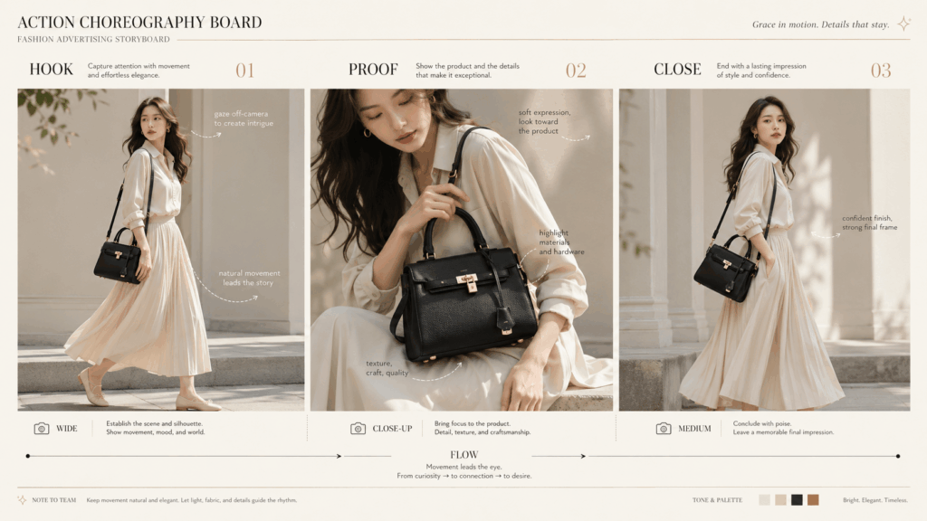 AI Sales Video action choreography board showing Hook, Proof, and Close stages with a fashion model, black handbag, camera distances, movement paths, and gaze directions.