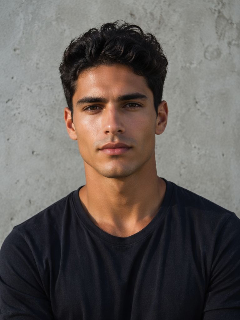 Task-117767714-1-1 – WeShop AI Blog Dark-haired man wearing a black T-shirt against a concrete wall before F1 AI Portrait editing.