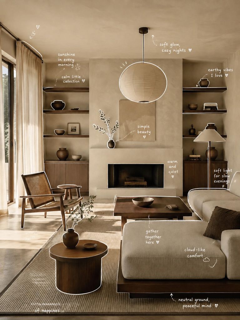 Task-135584718-1-1 – WeShop AI Blog Neutral living room transformed into a Japanese Hand-Drawn Plog with white outlines, arrows, and handwritten interior notes.