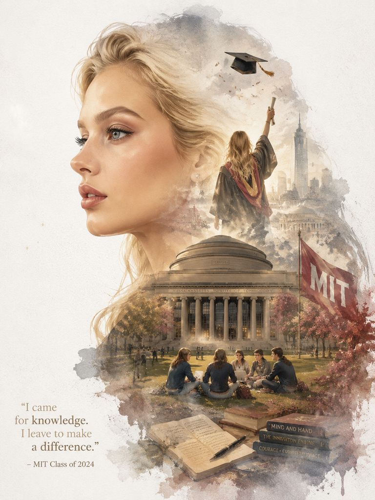 AI Graduation Poster featuring a blonde woman in profile blended with an MIT campus building, students, books, and graduation memories.