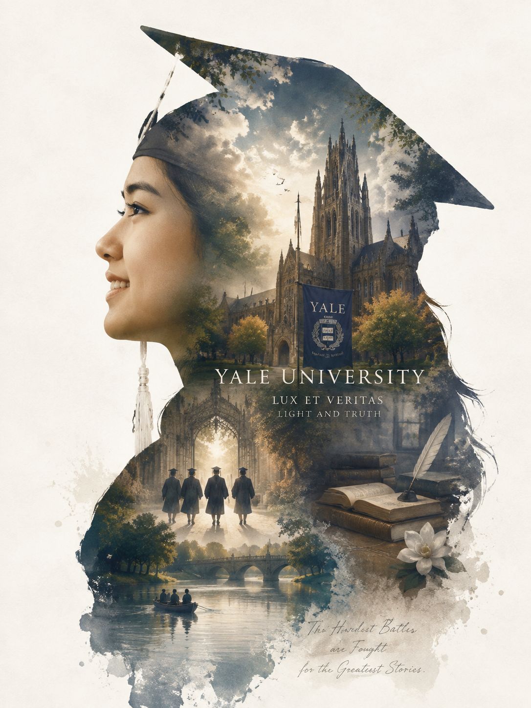 AI Graduation Poster blending a female graduate’s profile with Yale campus architecture, trees, water, books, and students walking through the scene.