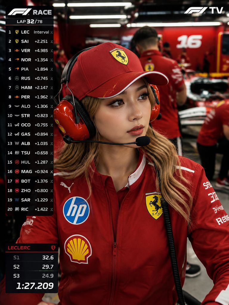 Task-135666339-2-1 – WeShop AI Blog Brunette woman wearing a red race team uniform, cap, and communication headset during a live pit garage broadcast.