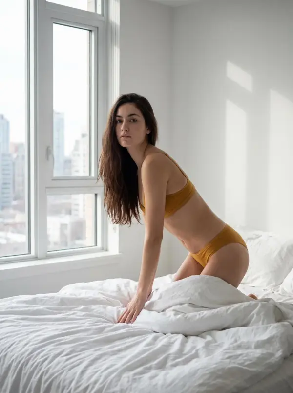 c33774d1-35fe-436f-beee-46e514167bce_896x1200png_width600 – WeShop AI Blog Fictional adult woman in a mustard lounge set sitting on a bed beside a bright apartment window.