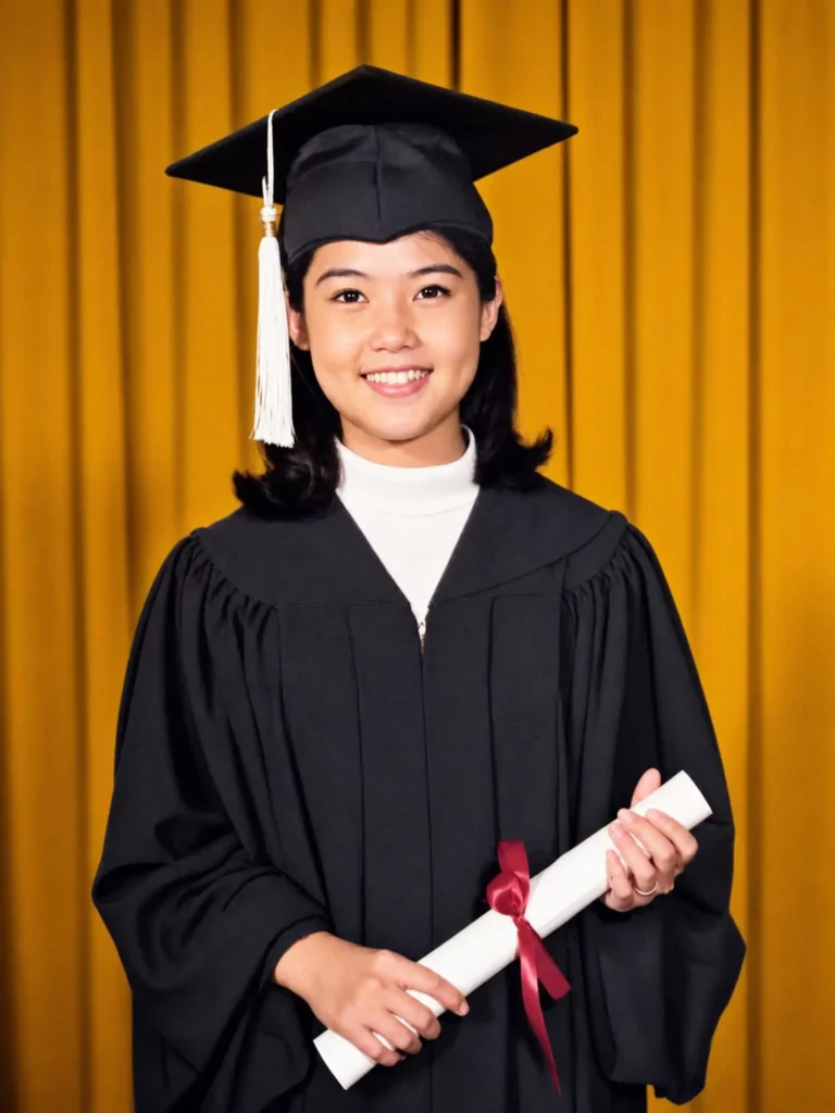 Young female graduate wearing a black cap and gown while holding a diploma in front of a gold curtain.