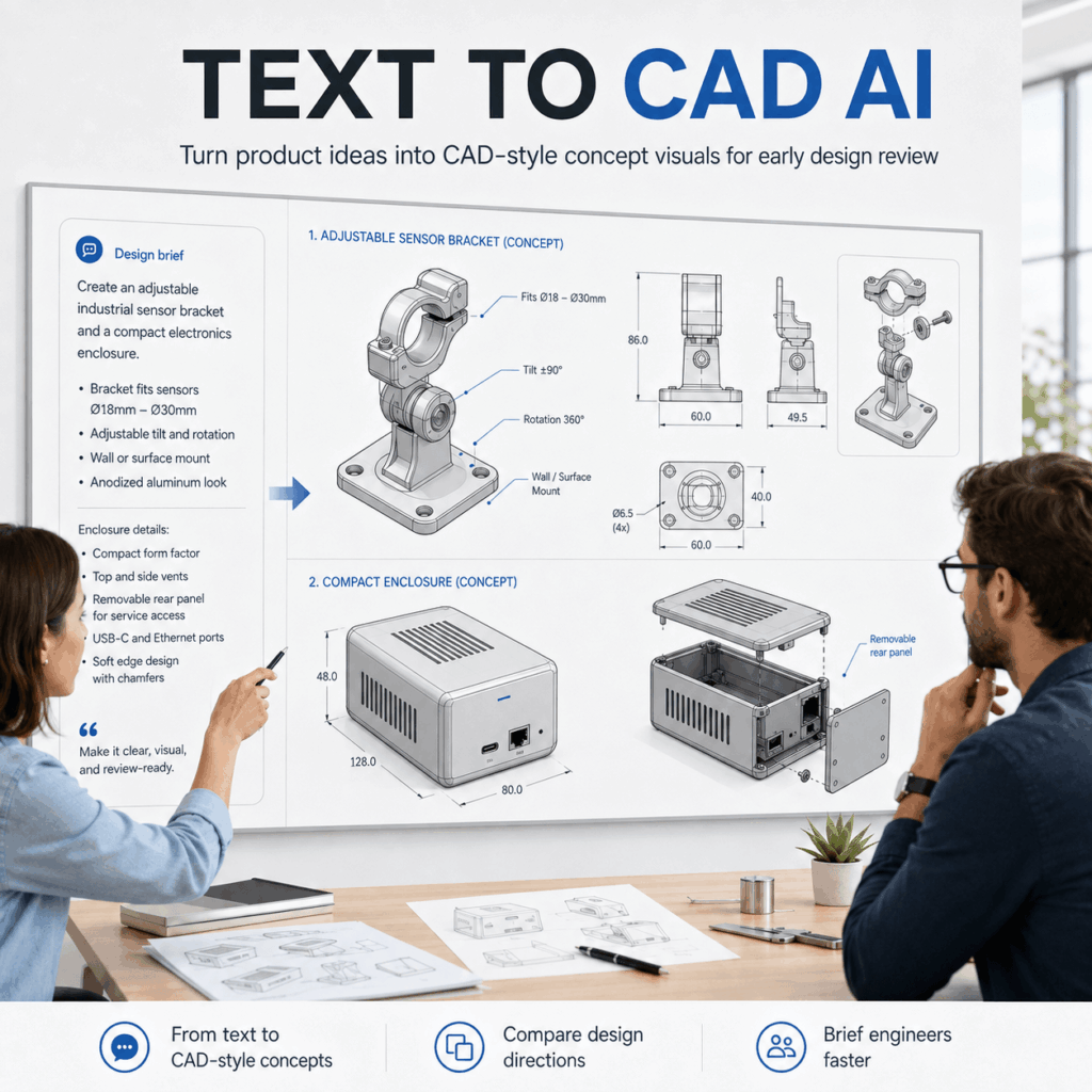 Text to CAD AI design review board – WeShop AI Blog Text to CAD AI design review board showing a design brief, an adjustable sensor bracket concept, a compact enclosure concept, and two people discussing the CAD-style visuals.