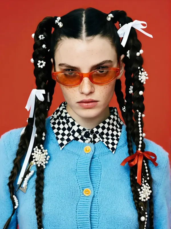 dc – WeShop AI Blog Fashion portrait of a woman with braided hair, orange sunglasses, and a blue cardigan against a red background