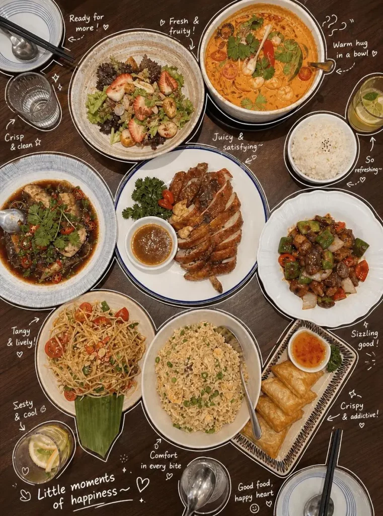 f1d71139-834e-4cd4-9d27-b18de11f2d33_880x1184png_preview – WeShop AI Blog Thai food table transformed into a Japanese Hand-Drawn Plog with white outlines, arrows, and handwritten food notes.