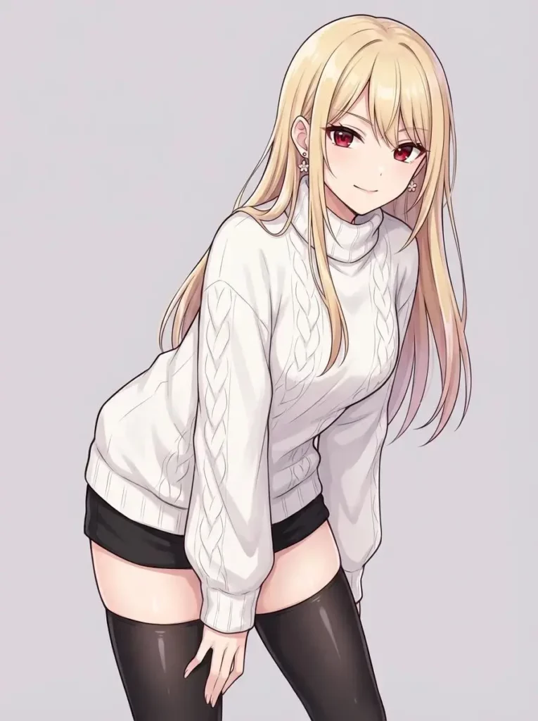 fba63f12-2cc5-4aed-a380-6e8f876fd46a_896x1200png_preview – WeShop AI Blog Anime-style fictional woman with long blonde hair wearing a white sweater and dark shorts.