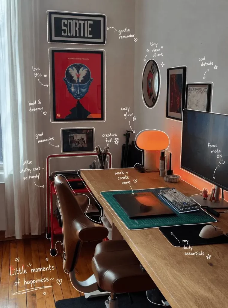 fcebe38b-9f20-45d9-afb2-108c0e7ccb1e_880x1184png_preview – WeShop AI Blog Modern home office enhanced with white handwritten notes, object outlines, and playful Japanese Hand-Drawn Plog doodles.