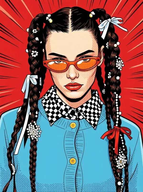 fv – WeShop AI Blog Pop-art style avatar of a woman with braided hair, orange sunglasses, and a blue cardigan on a graphic red background