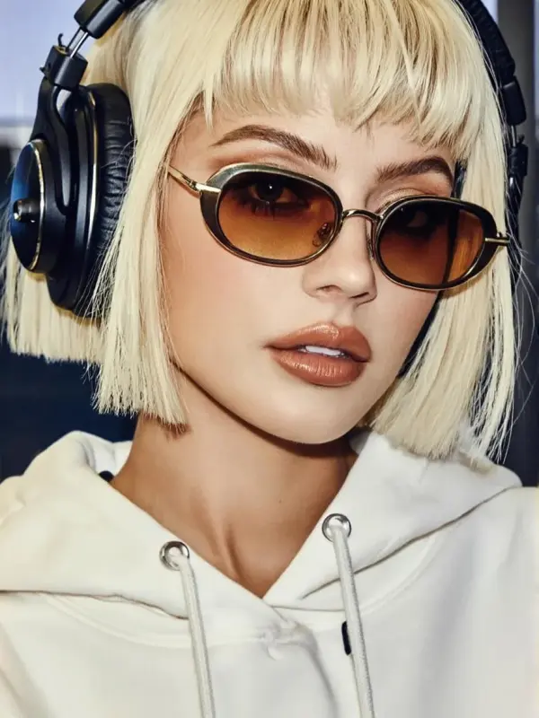 gb – WeShop AI Blog Portrait of a blonde woman wearing headphones, sunglasses, and a white hoodie