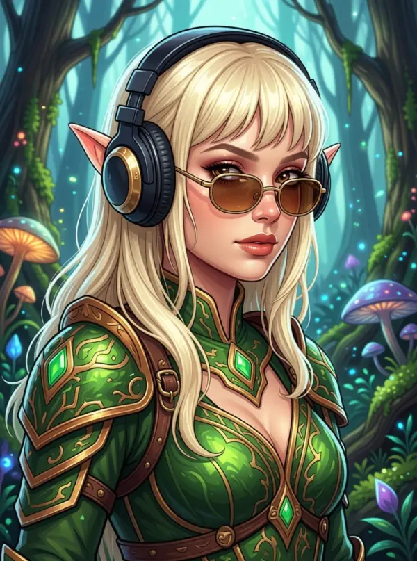 hn – WeShop AI Blog Fantasy elf avatar with blonde hair, headphones, sunglasses, and green armor in a magical forest