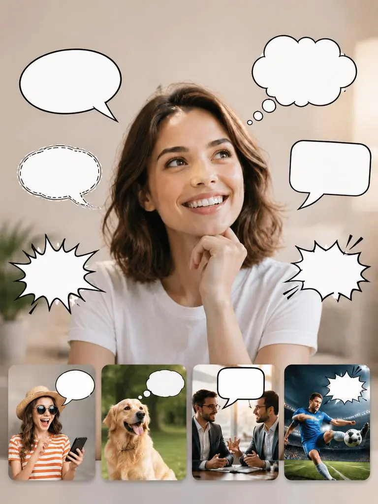image – WeShop AI Blog Portrait of a smiling woman surrounded by different speech and thought bubble styles, with four smaller example images below.