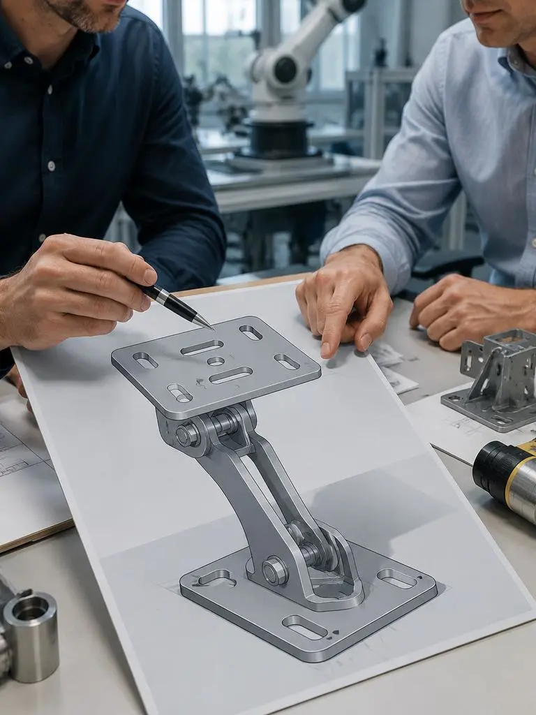 image – WeShop AI Blog Two engineers reviewing a printed CAD-style concept of an adjustable metal bracket with real prototype parts on the desk.