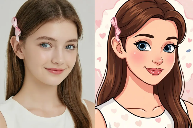 image – WeShop AI Blog Side by side comparison of a real portrait with a pink hair clip and a soft cartoon avatar version created from the same photo