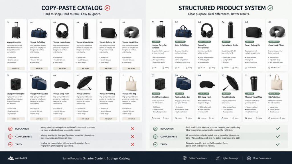 image – WeShop AI Blog Ecommerce catalog audit comparing repeated generic product copy with a structured product system containing distinct titles, benefits, and specifications.