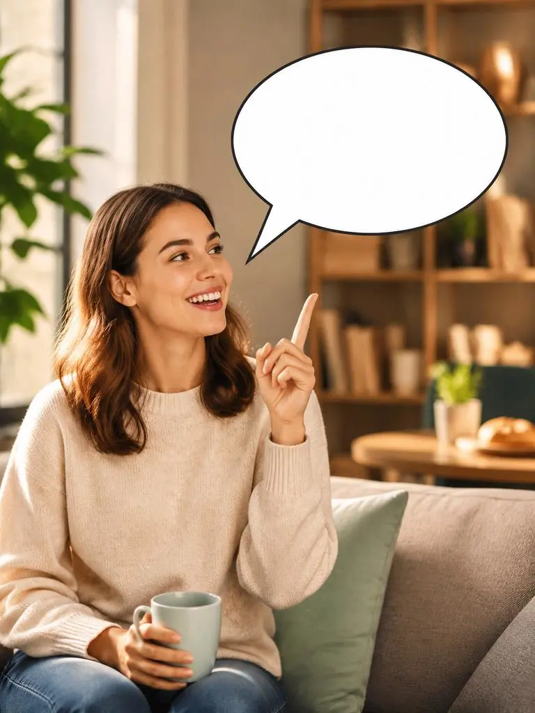 image – WeShop AI Blog Woman sitting on a sofa with a mug, pointing upward toward a large blank speech bubble in a warm indoor setting.