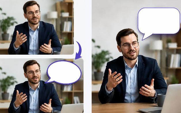 image – WeShop AI Blog Before-and-after style speech bubble editing board showing a businessman speaking on camera, with blank dialogue bubbles added in different layouts.