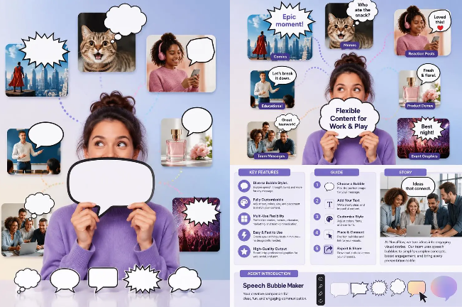 image – WeShop AI Blog Composite Speech Bubble Maker infographic showing example use cases, blank bubble styles, feature highlights, and a workflow for creating playful speech bubble posts.