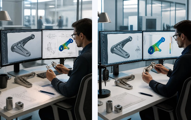 image – WeShop AI Blog Side-by-side validation scenes showing an engineer reviewing a bracket model in CAD software with technical drawings, simulation results, and physical parts on the desk.