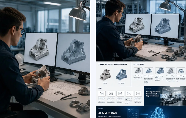 image – WeShop AI Blog An engineer comparing two bracket concept versions on dual monitors, with a visual board showing source and new concept variations plus key feature notes.