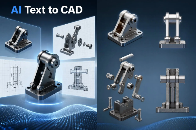 image – WeShop AI Blog A blue technical concept board showing an AI Text to CAD bracket in multiple views, including 3D renderings, exploded view, front view, and section view.