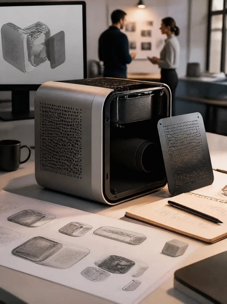 image – WeShop AI Blog A compact product enclosure with a removable rear panel displayed on a desk, with concept sketches and a CAD-style enclosure visual in the background.