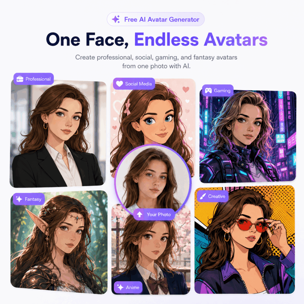 jn – WeShop AI Blog Free AI Avatar Generator hero image showing one portrait transformed into professional, social, gaming, fantasy, anime, and creative avatar styles