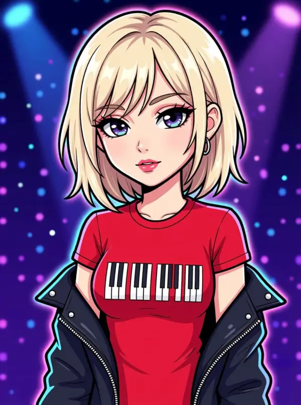 km – WeShop AI Blog Anime-style avatar of a blonde girl wearing a red piano-key T-shirt and dark jacket under colorful lights