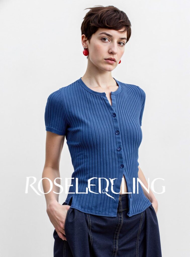 mee – WeShop AI Blog Fashion portrait of a woman in a blue ribbed top with a large white watermark across the lower image.