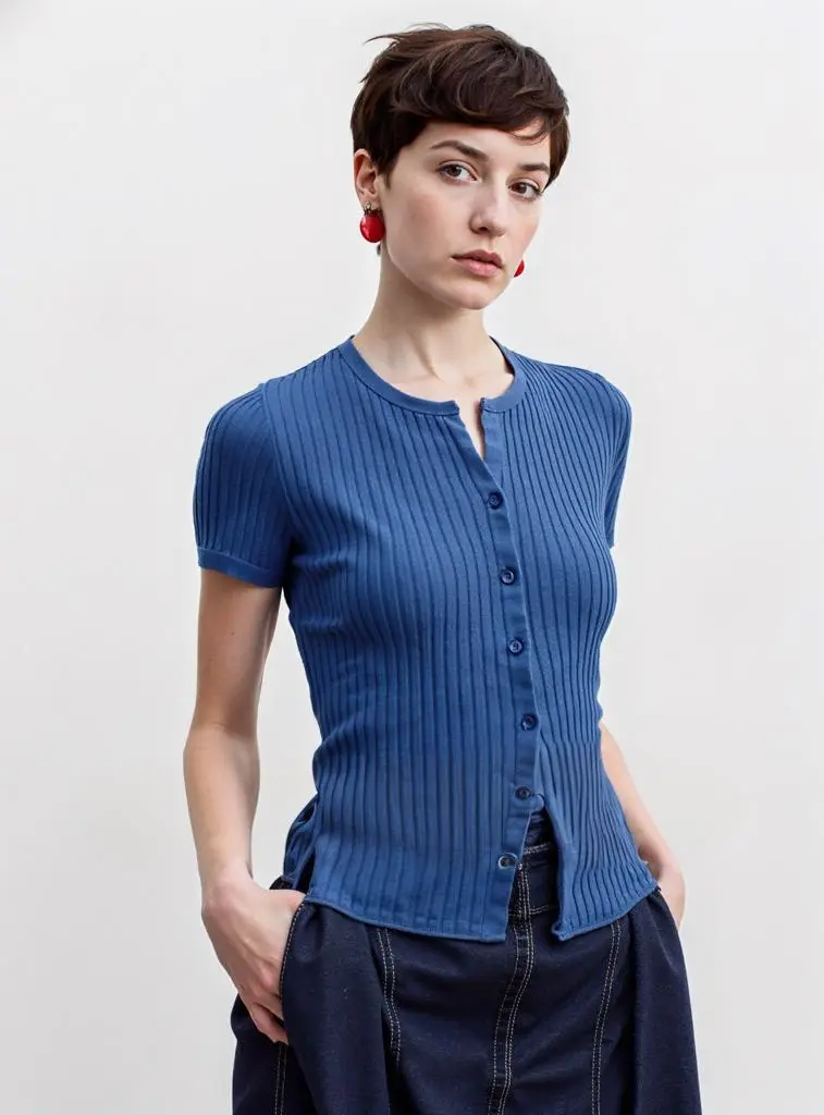 mer – WeShop AI Blog Clean fashion portrait of the same woman in a blue ribbed top after the white watermark was removed.