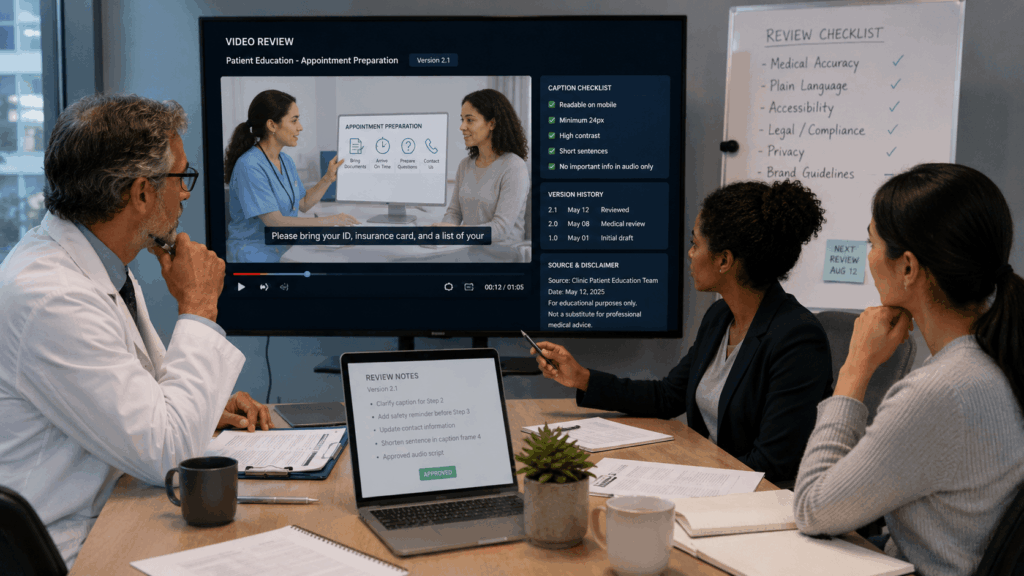 mva – WeShop AI Blog A medical expert, compliance reviewer, and content producer reviewing a patient education video, captions, version history, and approval checklist.