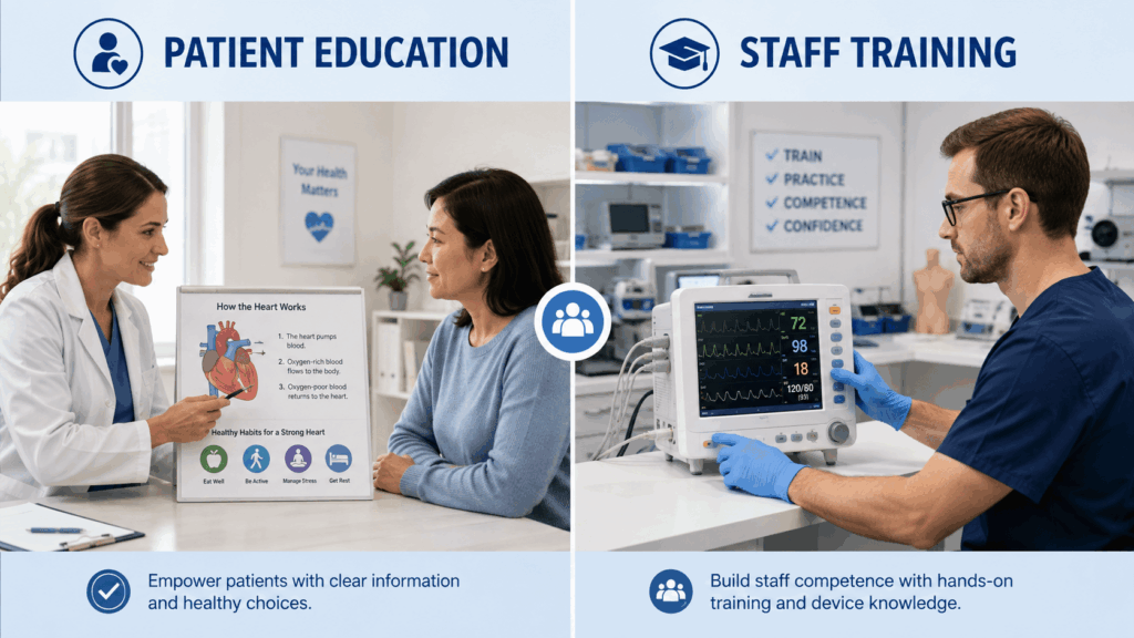 mvi – WeShop AI Blog Comparison between patient education with a clinician and simple heart diagram and staff training with a technician operating a monitoring device.