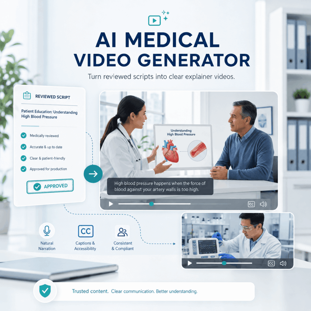 AI Medical Video Generator for Reviewed Healthcare Scripts – WeShop AI Blog AI Medical Video Generator workflow showing a reviewed healthcare script transformed into patient education and medical device training video scenes.
