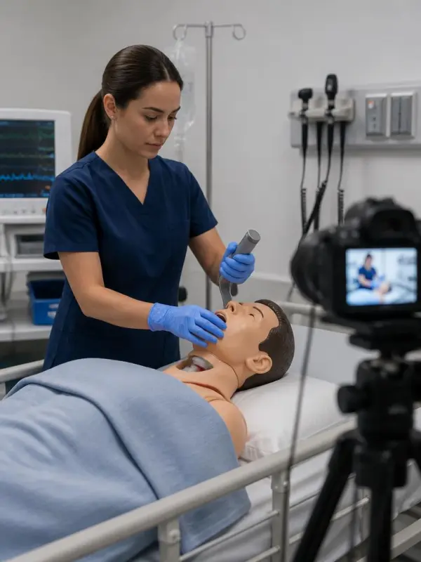 mvr – WeShop AI Blog A healthcare professional demonstrating a non-graphic clinical procedure on a medical training mannequin while a camera records the session.