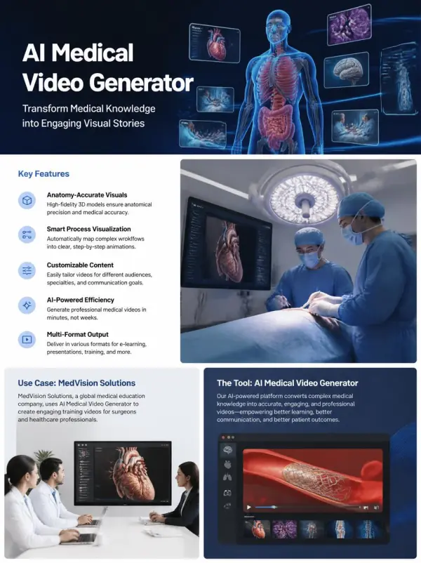 mvw – WeShop AI Blog AI Medical Video Generator feature board showing anatomy visuals, surgical education, medical process animation, team review, and a healthcare video interface.
