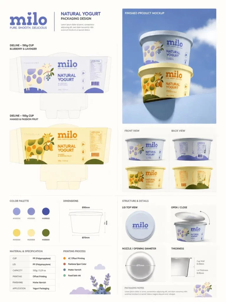 pa2 – WeShop AI Blog Milo yogurt packaging design board showing two flavor dielines, front and back views, color palettes, dimensions, and container details.