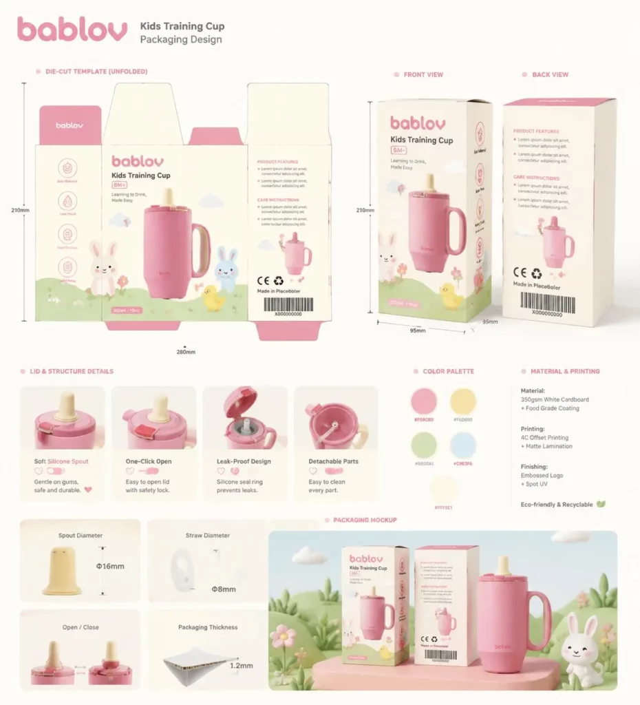 pa4 – WeShop AI Blog Bablov kids training cup packaging board with dieline, product views, color palette, materials, lid details, and final mockup.