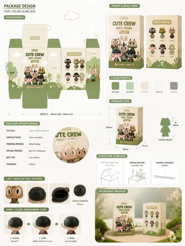 pa6 – WeShop AI Blog Cute Crew vinyl figure packaging board showing character artwork, box dieline, dimensions, materials, opening method, and final mockup.